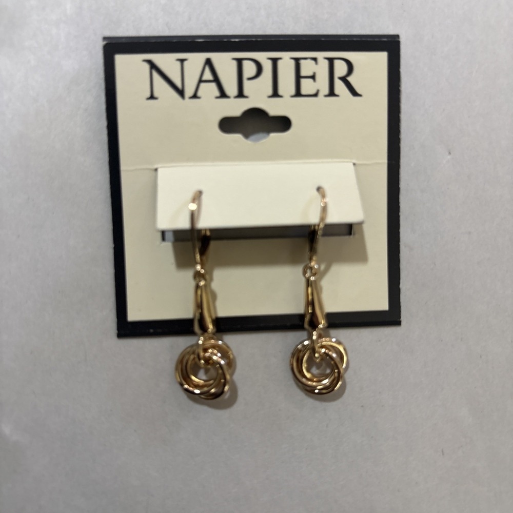 NWT NAPIER Dangling Knot Gold Tone Leverback Earrings